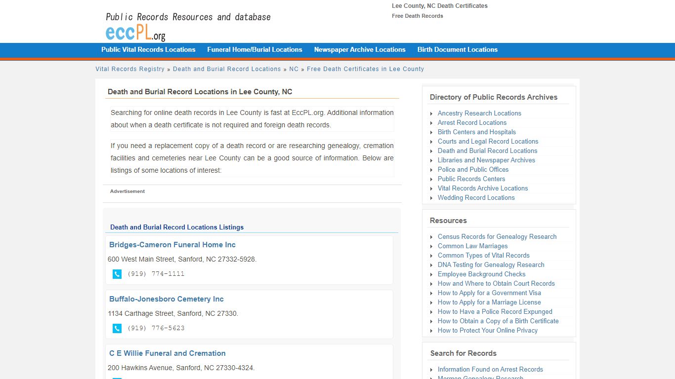 Lee County, NC Death Certificates - Free Death Records - EccPL.org