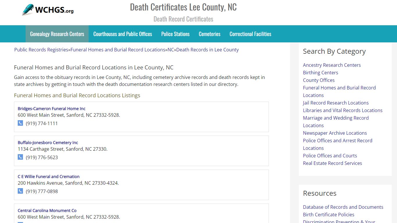 Death Certificates Lee County, NC - Death Record Certificates